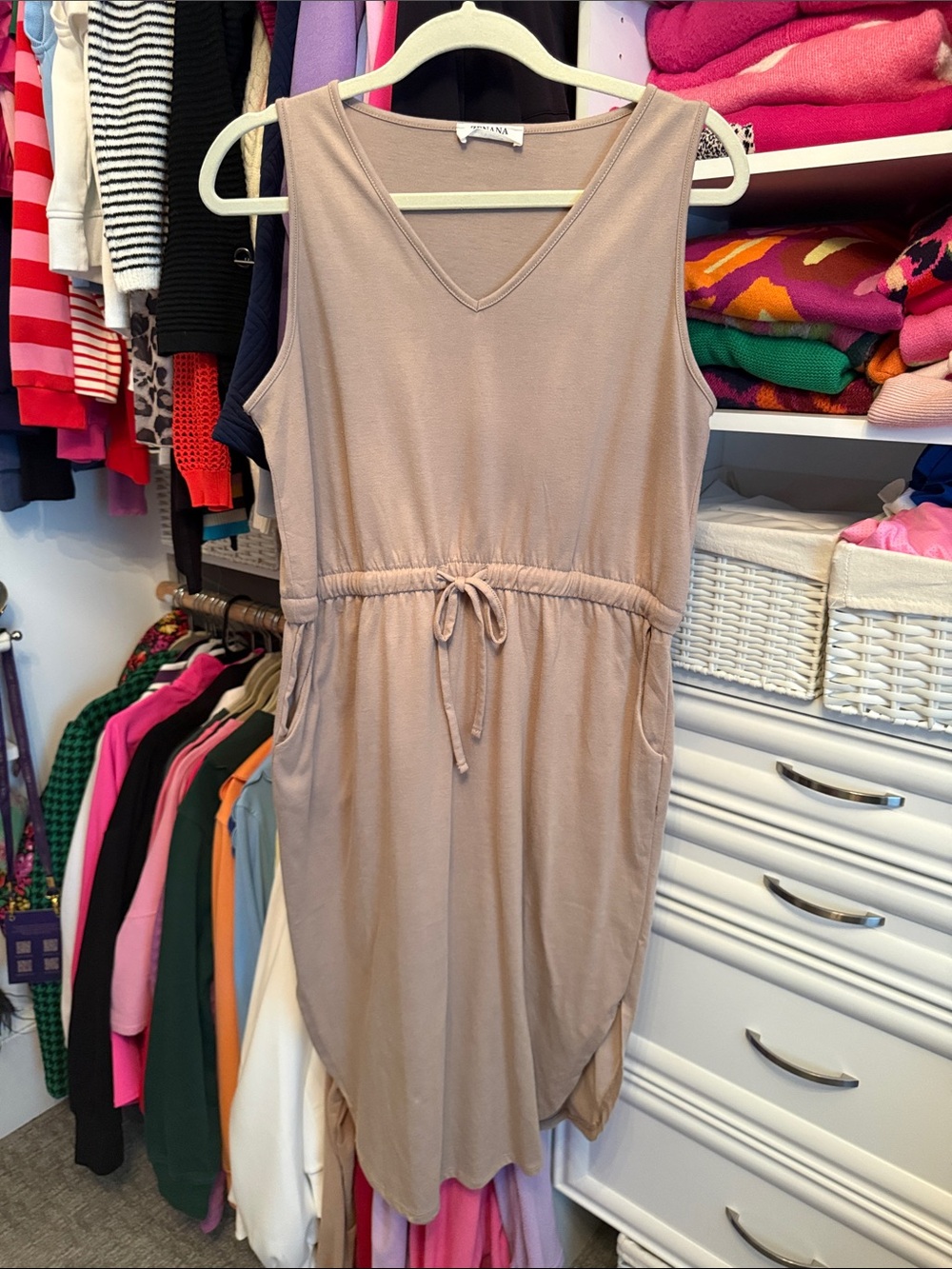 Zenana Outfitters Sleeveless V-Neck Drawstring Dress in Taupe